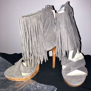 Enzo Angiolini Shoes Grey Suede Fringe Heels